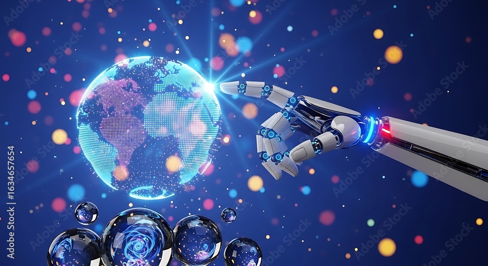 Poster robotic hand touching earth globe representing artificial intelligence