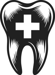 Tooth with cross, dental emergency symbol, healthcare emblem, toothcare icon, dentistry vintage style design