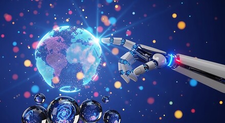 Naklejka premium Robotic hand touching earth globe representing artificial intelligence