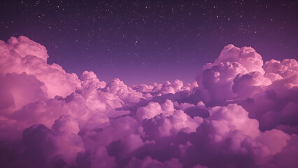 A dreamy and surreal landscape of pink and purple clouds under a starry night sky