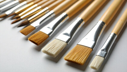 Fototapeta premium Close-up of different paintbrush tips — soft, stiff, angled — placed on a neutral background with subtle shadows. The lighting highlights the texture and craftsmanship of each brush.