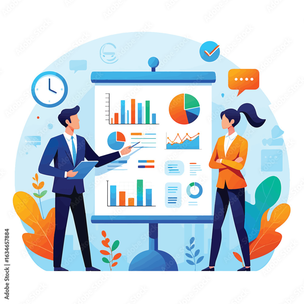 Poster business colleagues discussing a data analytics report with charts on a presentation board vector
