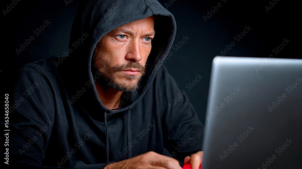 Poster man in a hoodie is typing on a laptop. he is focused on his work, possibly working on a project or r