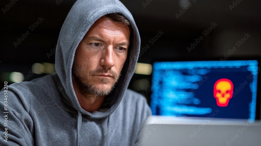 Poster man is sitting in front of a computer with a skull on the screen. he is wearing a hoodie and he is f