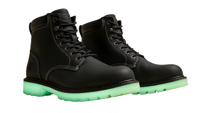 Modern black work boots with glowing soles offering safety, style, and confident stride for workwear fashion statements and industrial appeal