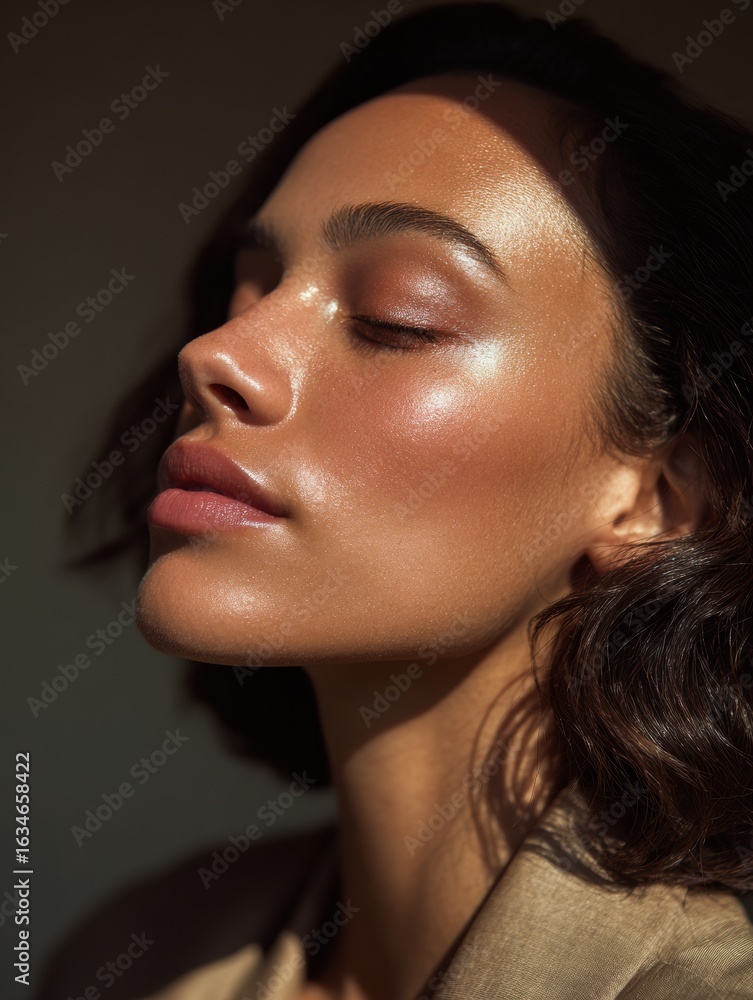 Poster radiance effect highlighting cheekbone with light flare in minimalistic setting perfect for adding a