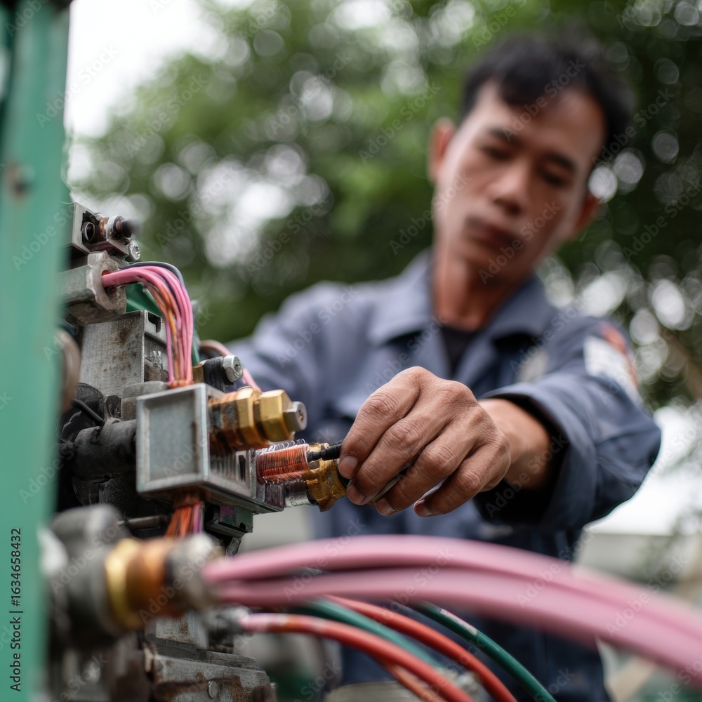 Poster technician is working on machinery, adjusting valves and connections with precision. focus is on int