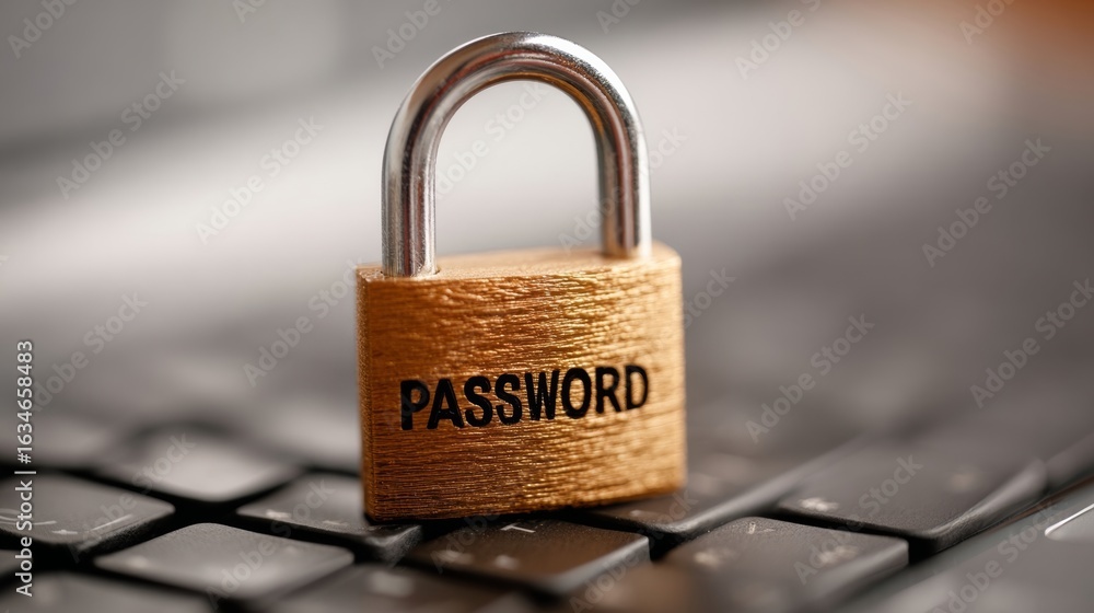 Poster key with the word password written on it. the key is on a keyboard. concept of security and protecti