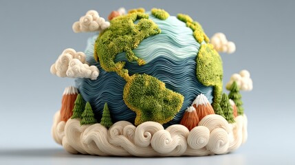 A whimsical clay Earth sculpture rests on swirling clouds.
