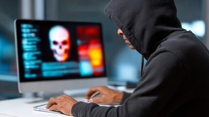 Man in a hoodie is typing on a computer. The computer screen shows a skull, which could be a warning or a symbol for something sinister. The man is focused on his work