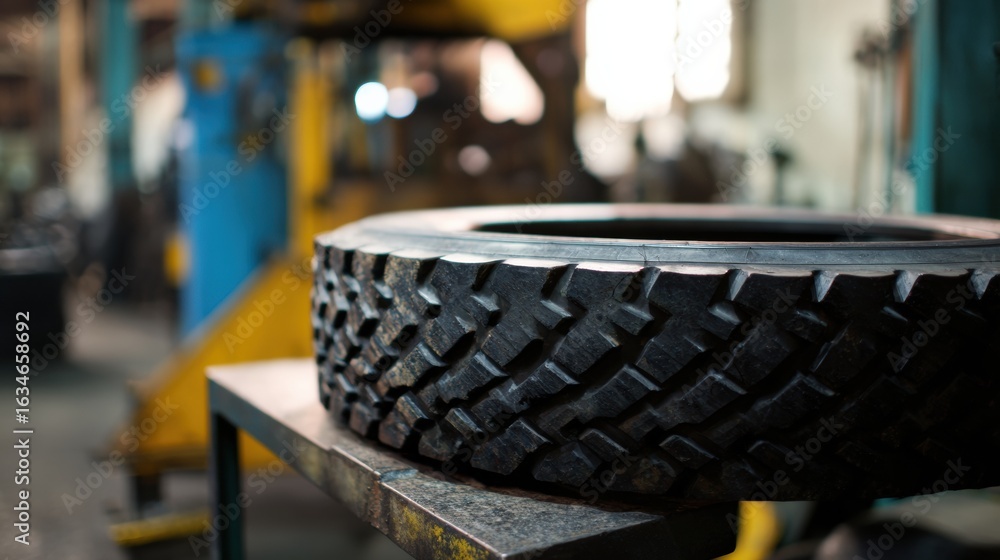 Poster close up view of tire showcasing intricate tread patterns, highlighting rubber texture and design. b