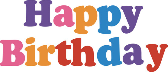 Festive Happy Birthday title in a vibrant and playful typography with a variety of colorful fonts and design. Celebratory banner with fun text, perfect for greeting cards, invitations.