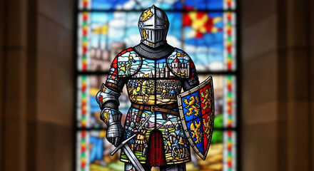 Magnificent Stained Glass Art Of A Medieval Knight In Full Armor, Meticulously Detailed With Vivid Scenes Of Battles, Castles, And Royalty, Standing Gallantly Against A Blur Of  Church Window, Symbol.