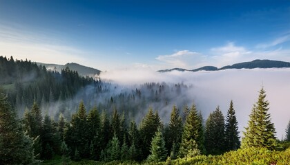 Obraz premium stunning landscape featuring fog covered evergreen trees surrounded by a serene and tranquil atmosphere