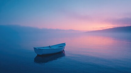 Fototapeta premium Serene boat floats on calm waters, reflecting soft pastel hues o