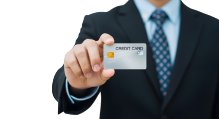 Confident professional displaying silver credit card for secure transactions and cashless payments, perfect for finance, business, and modern lifestyles