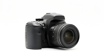 Naklejka premium A black digital slr camera with a lens attached is positioned on a clean white background surface ai generated