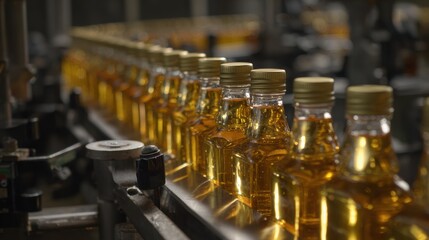 Bottles filled with golden liquid move along production line, showcasing honey bottling process. intricate machinery highlights efficiency and precision of modern manufacturing