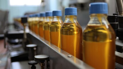 Bottles filled with golden liquid are lined up on production line, showcasing honey bottling process. scene captures intricate details of bottling machinery and vibrant color of honey