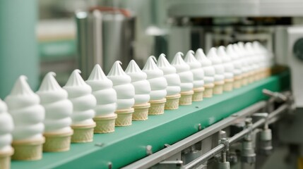 Soft serve ice cream cones on production line showcase smooth and creamy texture, highlighting efficiency of manufacturing process. scene captures essence of dessert production