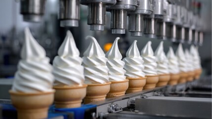 Macro shot of soft serve ice cream production line showcasing perfectly swirled cones. scene captures precision and efficiency of manufacturing process, evoking sense of delight