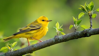 vibrant yellow warbler songbird perched on tree branch with new spring leaves small passerine bird intricate feather details colorful plumage against soft green blurred background popular in new