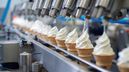 Macro shot of soft serve ice cream production line showcasing multiple cones being filled with creamy ice cream. scene captures precision and efficiency of manufacturing process