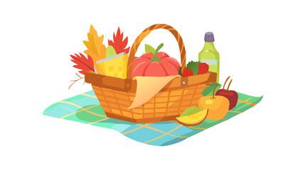 Autumn picnic basket filled with fresh produce and drinks