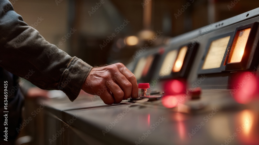 Poster close up view of worker hand operating machinery controls industrial setting, showcasing intricate d