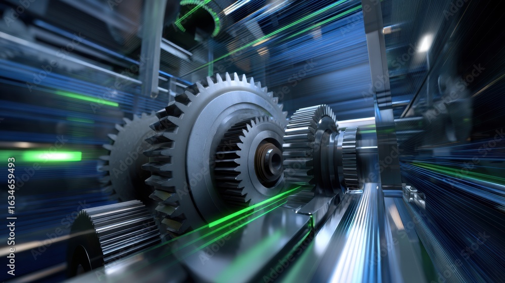 Poster photorealistic internal view of large gears in motion, showcasing intricate details and dynamic sens