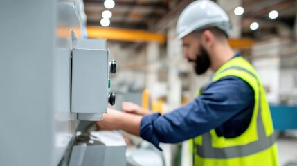 Focused worker in safety vest operates machinery in industrial setting, showcasing dedication and skill in manufacturing environment