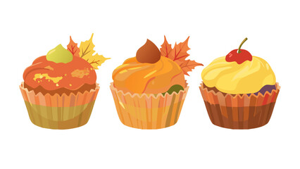 Three autumn themed cupcakes with fall leaves