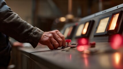 Close up view of worker hand operating machinery controls industrial setting, showcasing intricate details of control panel and focused action of worker. environment conveys sense of diligence