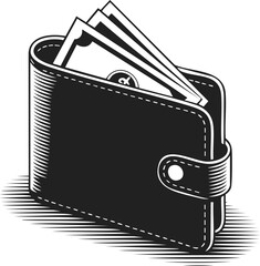 Wallet, folded wallet illustration, cash holder, money storage, stylish purse design, engraving art style