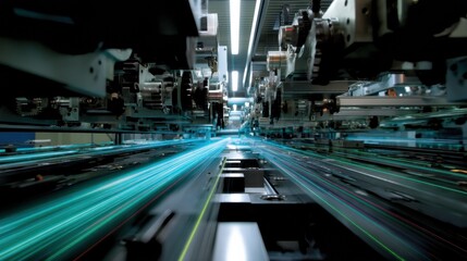 Photorealistic internal view of high tech manufacturing facility showcasing advanced machinery and equipment. dynamic movement of light trails emphasizes speed and precision in production