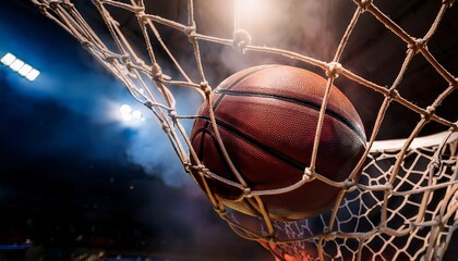a basketball perfectly captured within a net bathed in a dramatic light and smoke filled atmosphere emphasizing victory sport and action