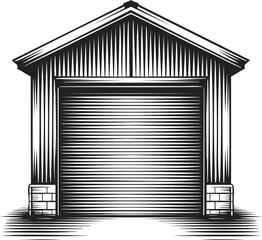 Warehouse gate, industrial shed entrance, storage building, garage door, metal structure, architectural design, rustic shelter