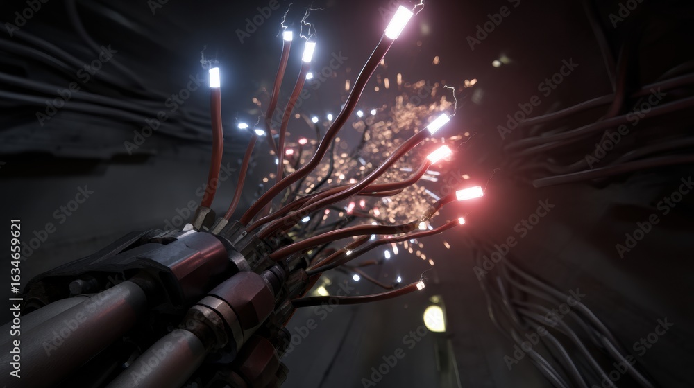 Poster photorealistic macro view of robotic components showcasing intricate wiring and glowing lights, crea