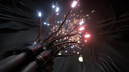 Photorealistic macro view of robotic components showcasing intricate wiring and glowing lights, creating dynamic and energetic atmosphere. Sparks fly, emphasizing advanced technology involved