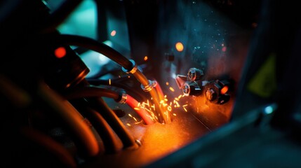 Close up view of robotic machine showcasing intricate components and vibrant sparks during operation. image captures dynamic energy and precision of machinery action, highlighting interplay