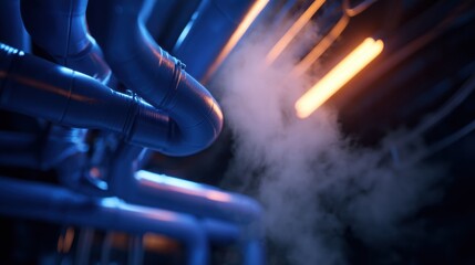 Pipes in dark industrial setting emit steam, illuminated by glowing orange lights, creating dramatic atmosphere. scene captures essence of modern engineering and technology