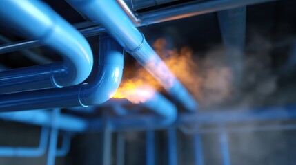 Blue pipes with steam and flames, showcasing industrial design and thermal dynamics in modern setting. image captures essence of engineering and technology