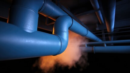 Pipes in dark industrial setting, showcasing blue pipes with steam emerging, creating dramatic atmosphere. scene highlights complexity of plumbing systems and industrial design
