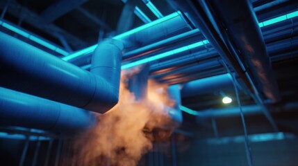 Industrial pipes blue lighting steam modern architecture technology machinery ventilation factory interior design engineering urban futuristic infrastructure metal construction energy system