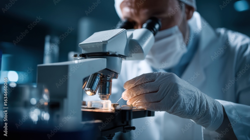 Poster scientist in laboratory examines sample under microscope, showcasing precision and focus in high tec