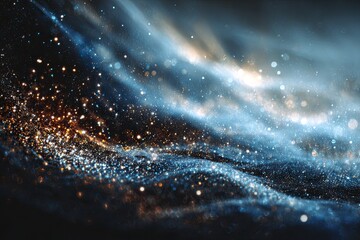 Abstract digital artwork of shimmering particles in dark blue and gold