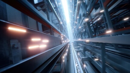 Futuristic, photorealistic view of high tech corridor filled with illuminated beams and metallic structures, creating sense of depth and motion. scene evokes feeling of advanced technology