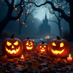Halloween background glowing pumpkins autumn leaves spooky twilight night scene