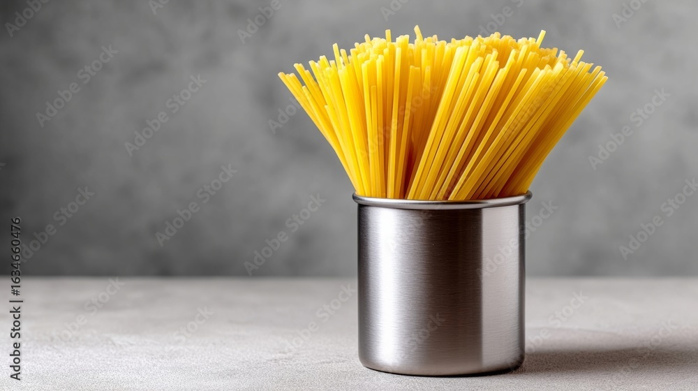 Poster silver container with yellow pasta in it. the pasta is in a bunch and is in the middle of the contai