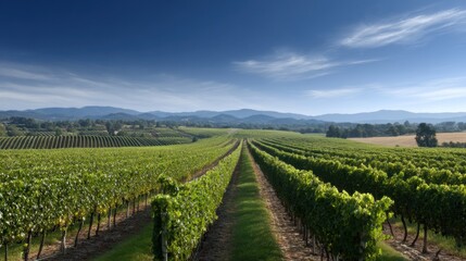 Aerial view of vast vineyard landscape with rows of grapevines stretching towards distant mountains under clear blue sky. scene evokes tranquility and natural beauty
